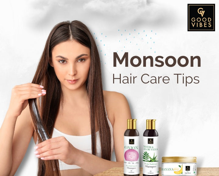 Monsoon hair care tips to follow: Girl with brown hair & good vibes hair care products to prevent hair damage from monsoon
